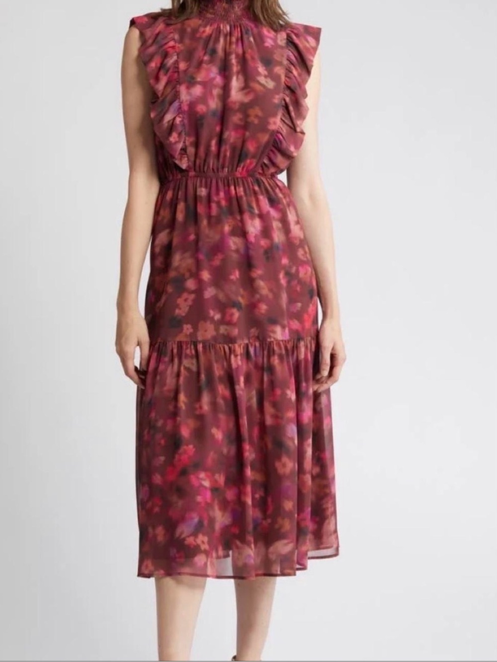 Steve Madden Burgundy Floral Ruffle Midi Dress
